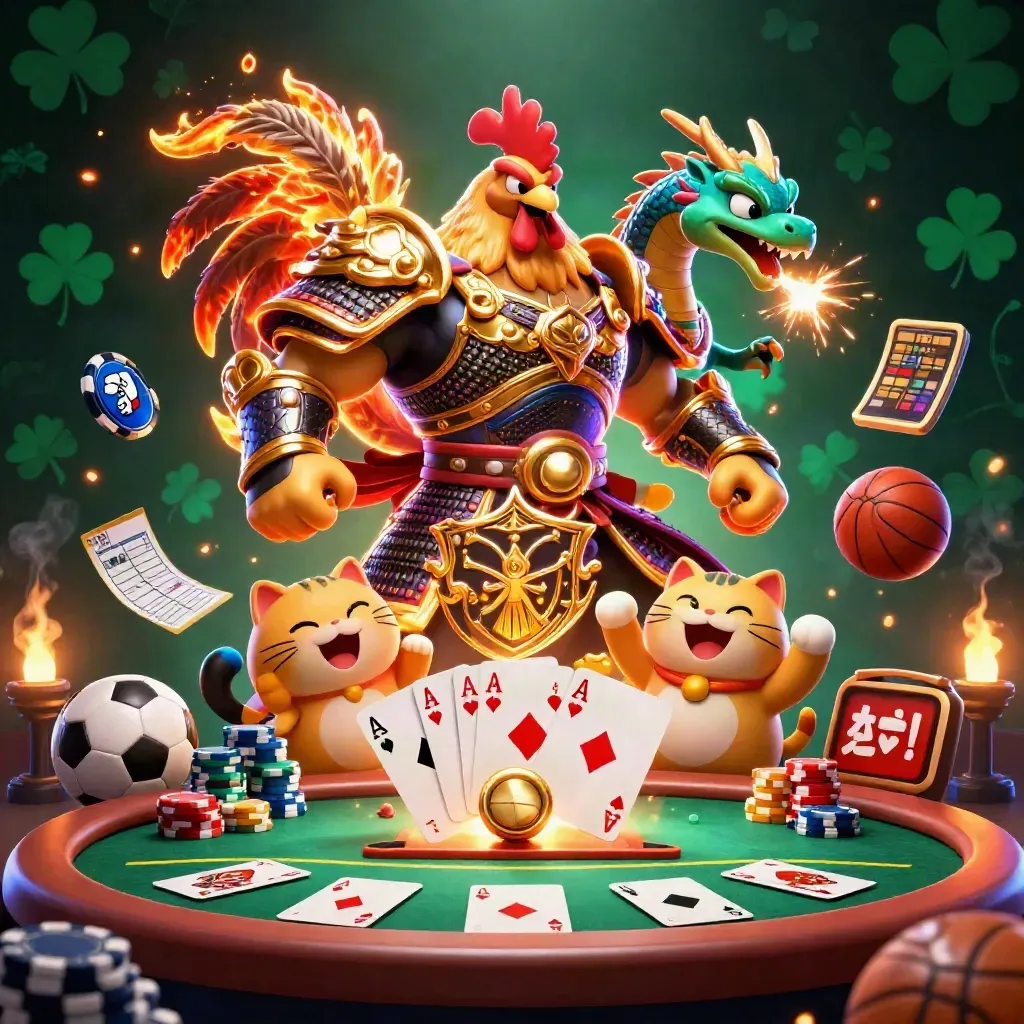 Rooster samurai, spark-breathing dragon hatchling and fortune-cat amid casino cards and glowing chips