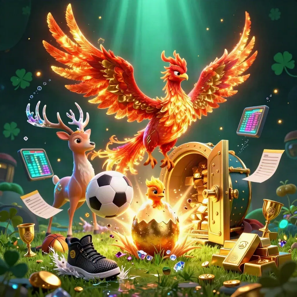 Phoenix, stag, vault door, gold, balls, gems, and neon casino glow over a dark emerald backdrop.