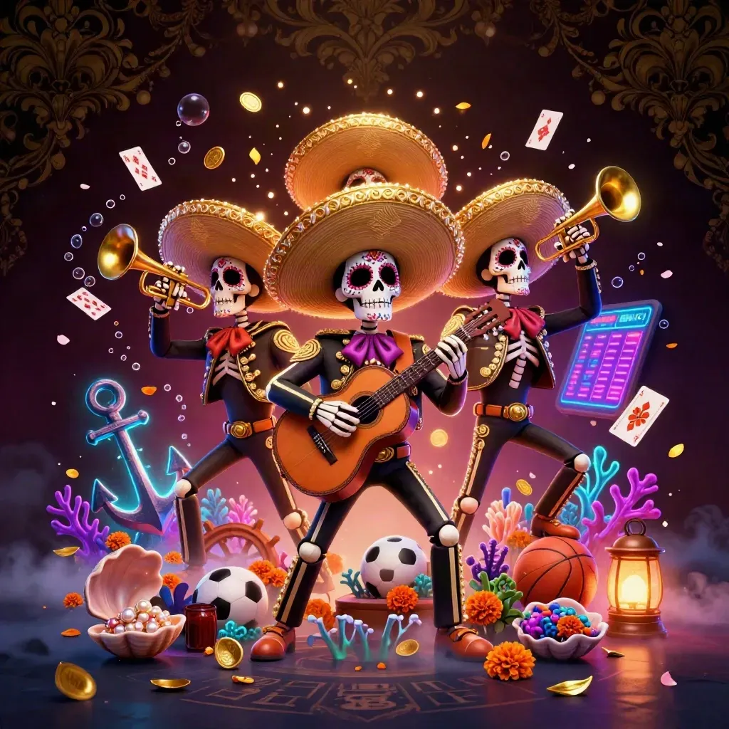 Skeleton mariachi trio amid treasure, coral, coins, petals, and glowing casino-sports symbols.