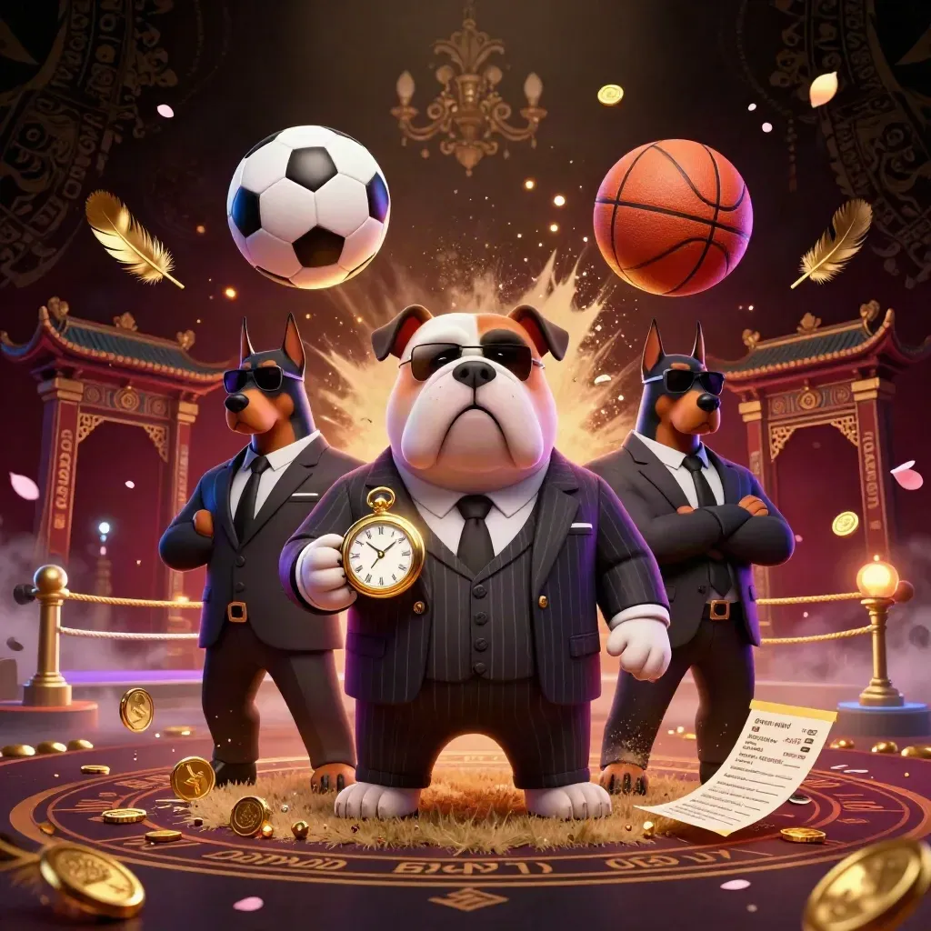 Cartoon bulldog and Dobermans amid flying balls, coins, fog, and casino glow.