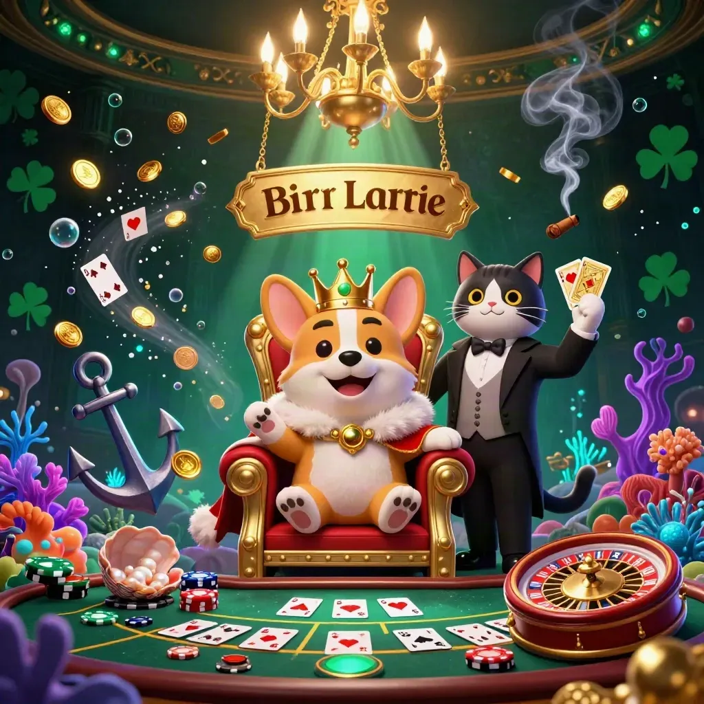 Corgi king and cat butler in an underwater casino cove with gold coins and neon glow.