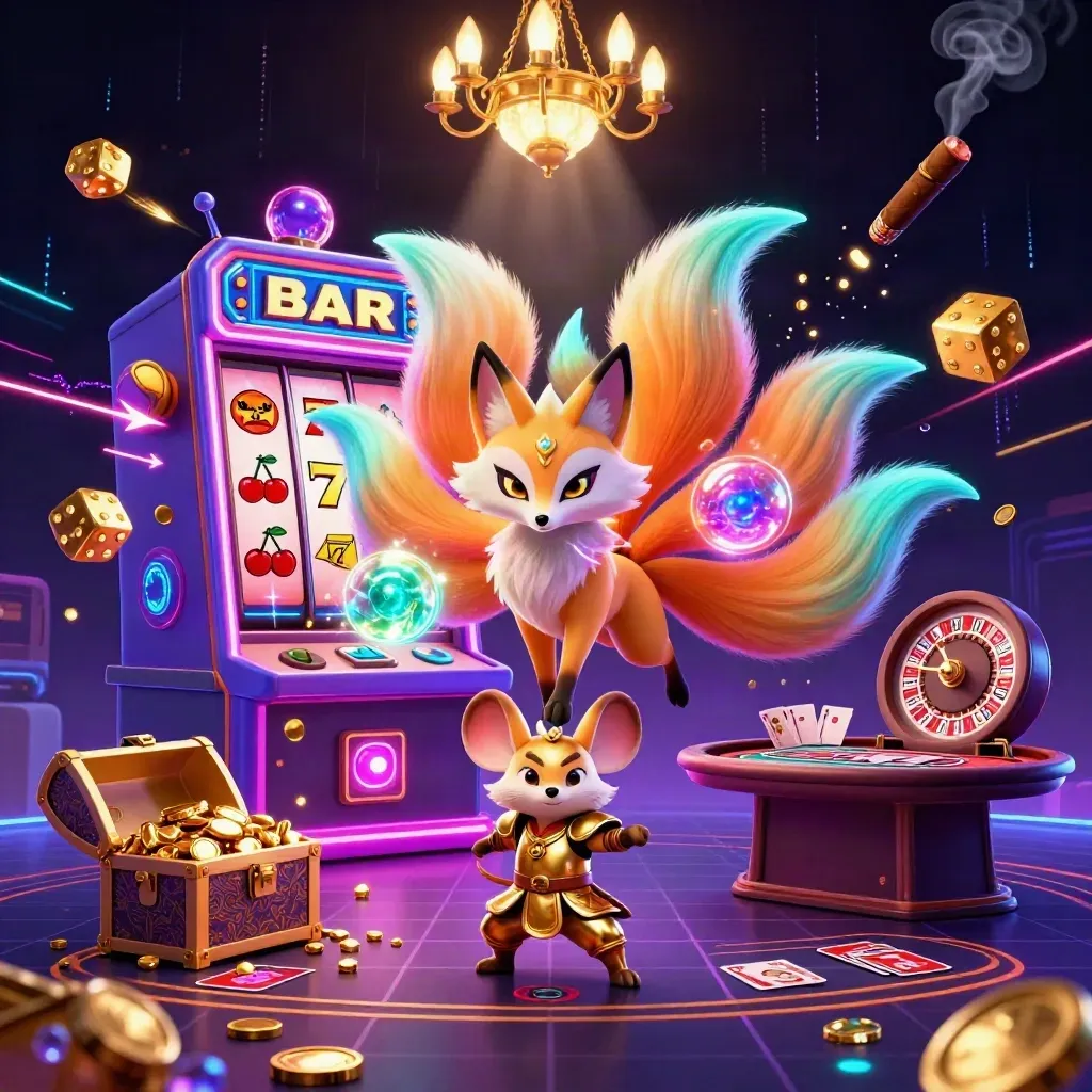 Neon fox spirit and gold-armored mouse amid slot bursts, dice, roulette, and casino glow