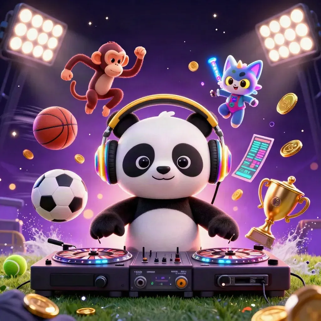 DJ panda, monkey, and glow-stick kitten amid flying sports balls, coins, and casino lights.