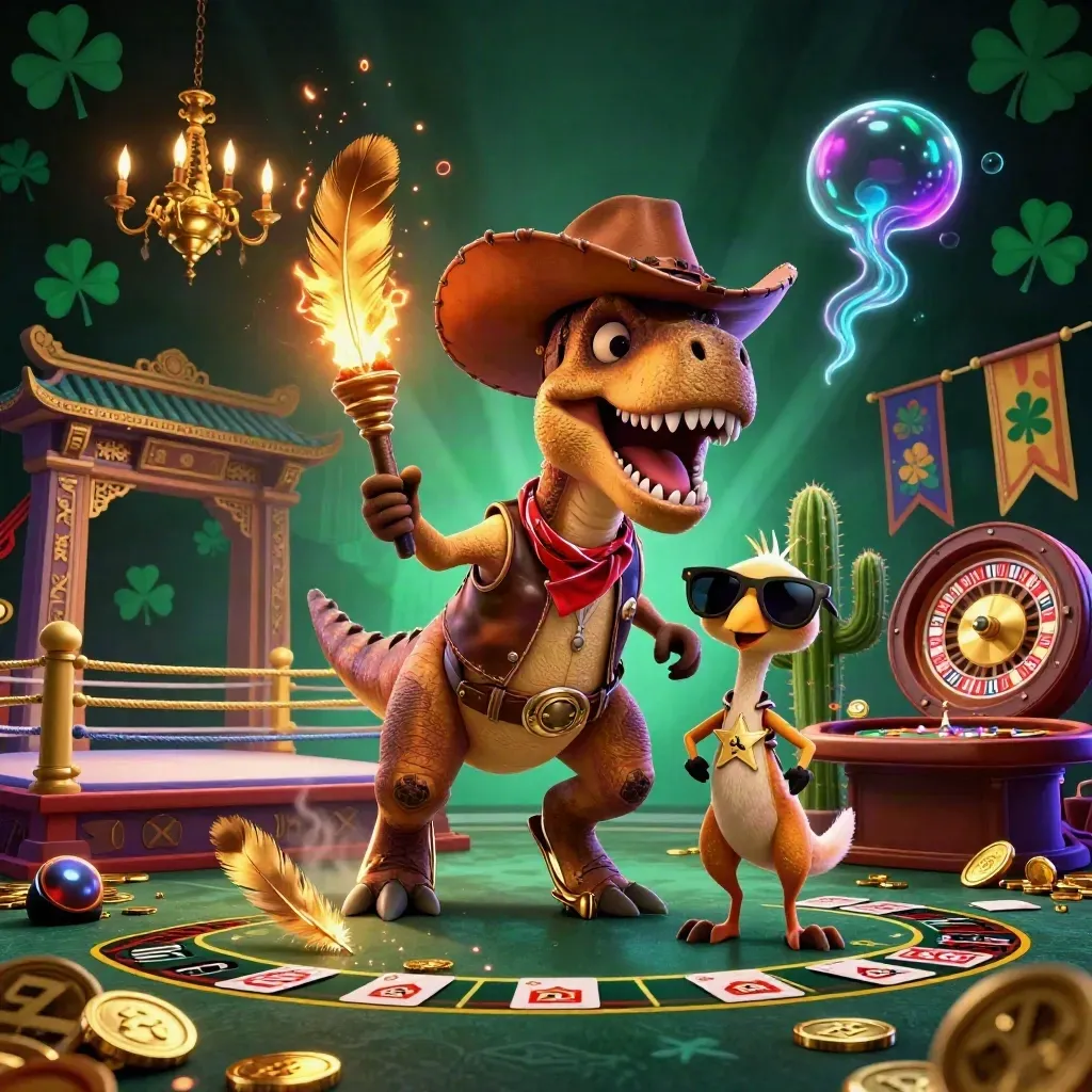 Cowboy T-Rex, cactus sidekick, and roadrunner in a neon casino-fantasy scene.