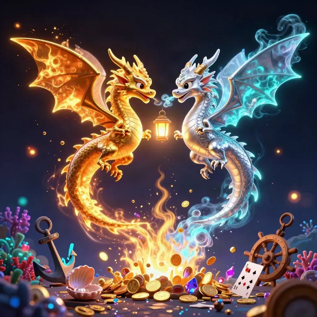 Twin gold and silver dragons swirl in fire and ice over a glowing treasure cove.