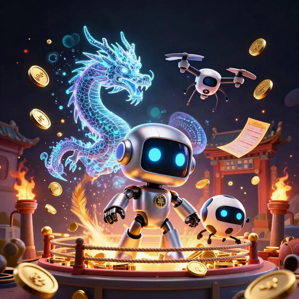Cyborg mascot, holographic dragon, and coin drone burst from a fiery vault with sports and casino symbols.