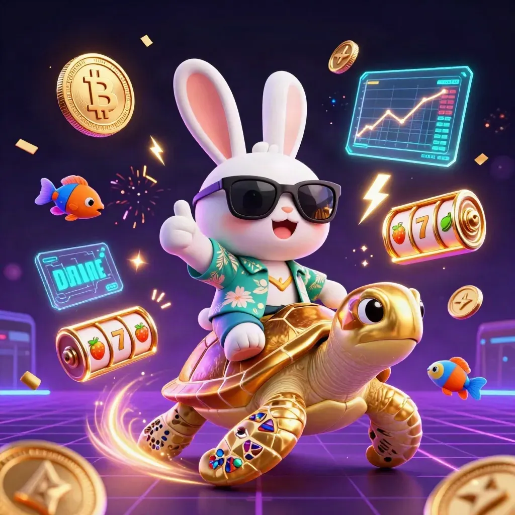Lucky rabbit rides a gem turtle amid neon coins, sparks, confetti, and casino magic.
