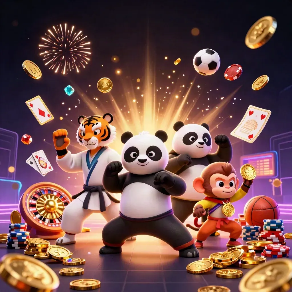 Kung-fu tiger, panda, and monkey amid casino loot, coins, cards, chips, and neon fireworks.
