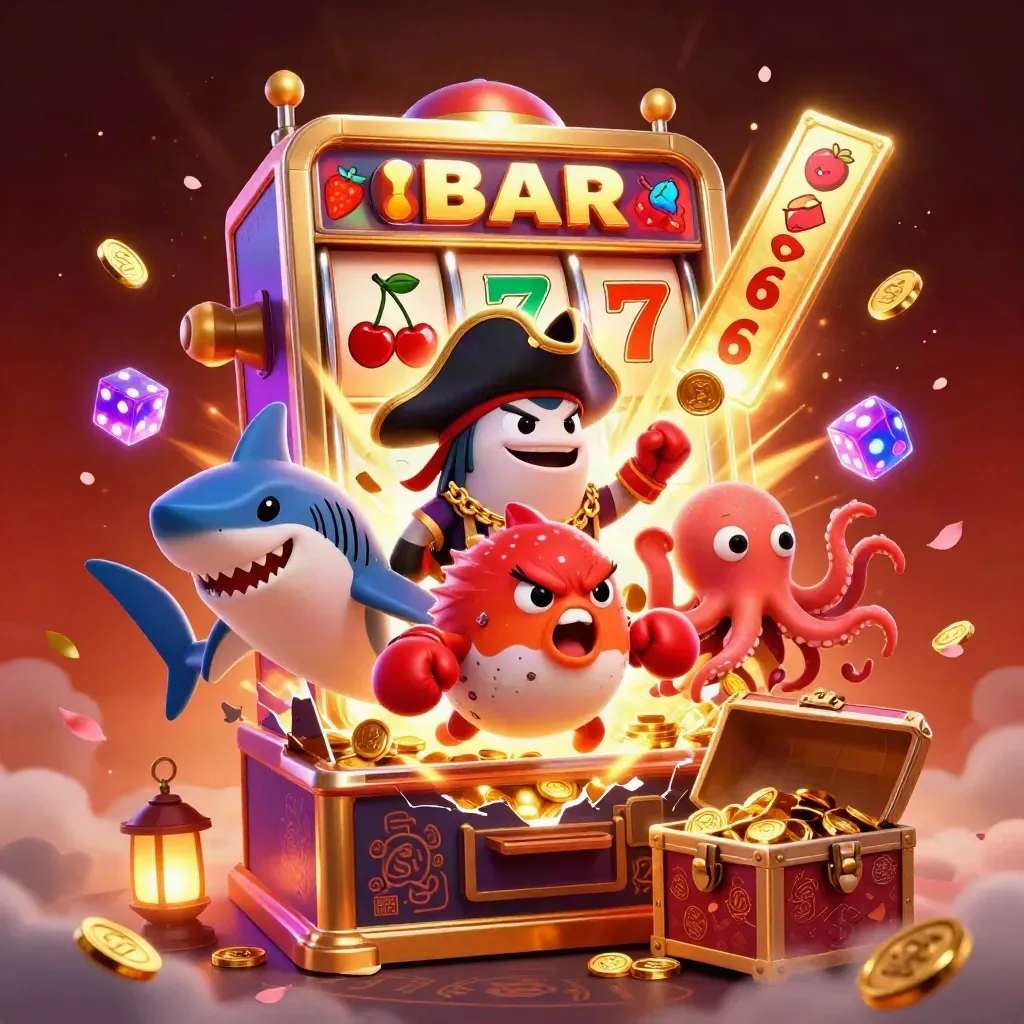 Pirate shark, boxing pufferfish, and coin-juggling octopus amid exploding slot gold