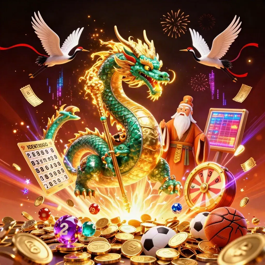 Dragon, turtle sage, and cranes amid exploding gold coins, fireworks, and casino prizes.