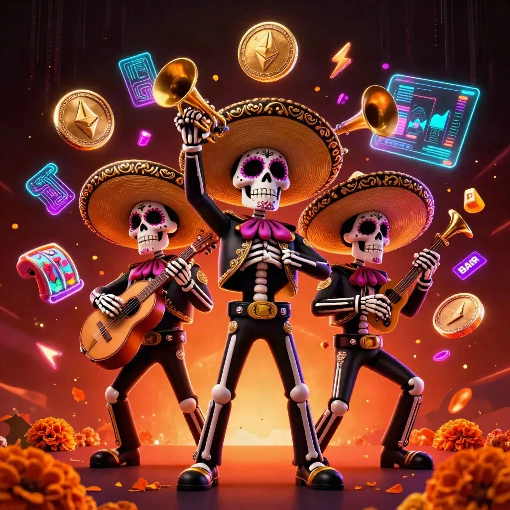Three festive skeleton mariachi performers amid glowing crypto coins, reels, lightning, and ember-lit casino energy.