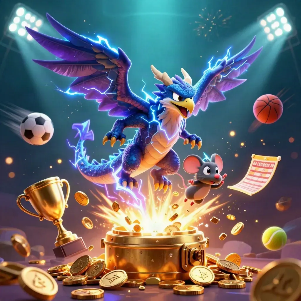 Thunder dragon, wind hawk, and crackling mouse amid coins, trophy, balls, and fireworks.
