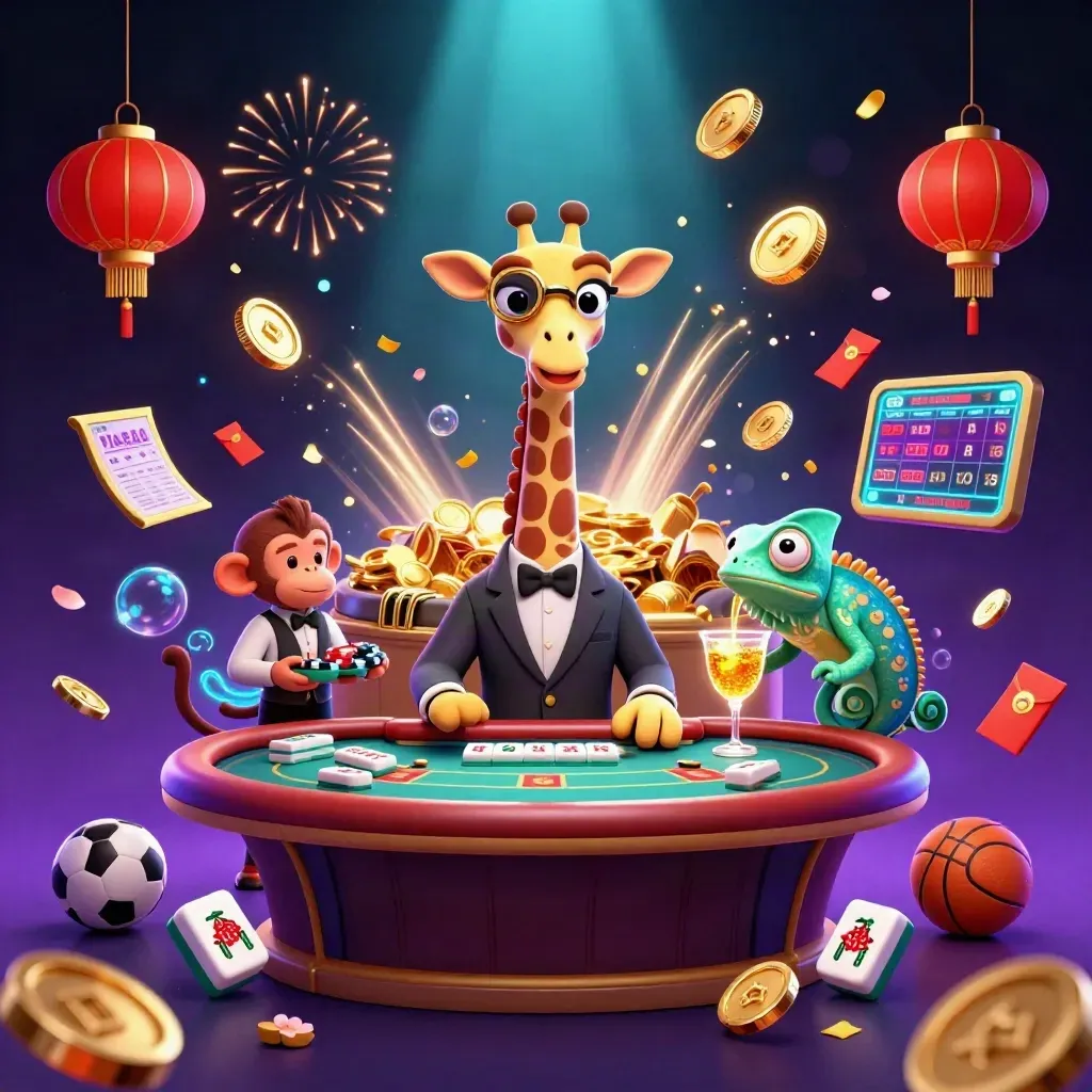 Giraffe, monkey, and chameleon celebrate amid coins, fireworks, and casino lights.
