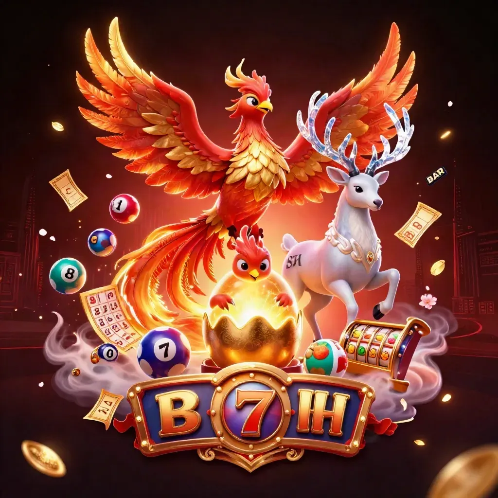 Fiery phoenix, hatchling, and crystal stag amid casino icons, reels, petals, and glowing gold-purple light.
