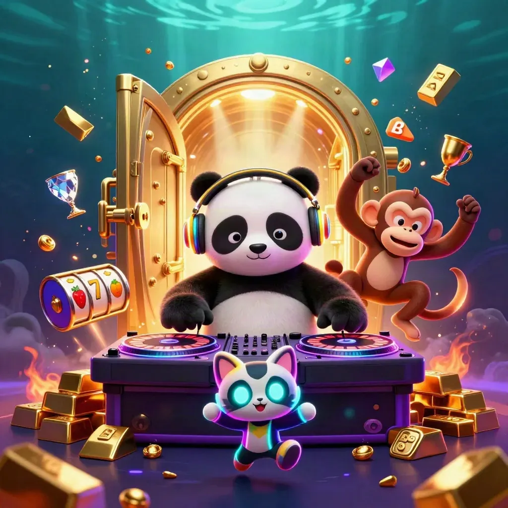 Panda DJ, dancing monkey and rave kitten amid vault gold, reels and neon casino glow.